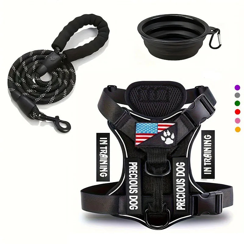 Service Dog Harness & Leash Set with 1pc Folding Bowl Reflective Adjustable Dog Vest Harness Soft Oxford Pet Harness For Small M - Majestic Pet Kingdom