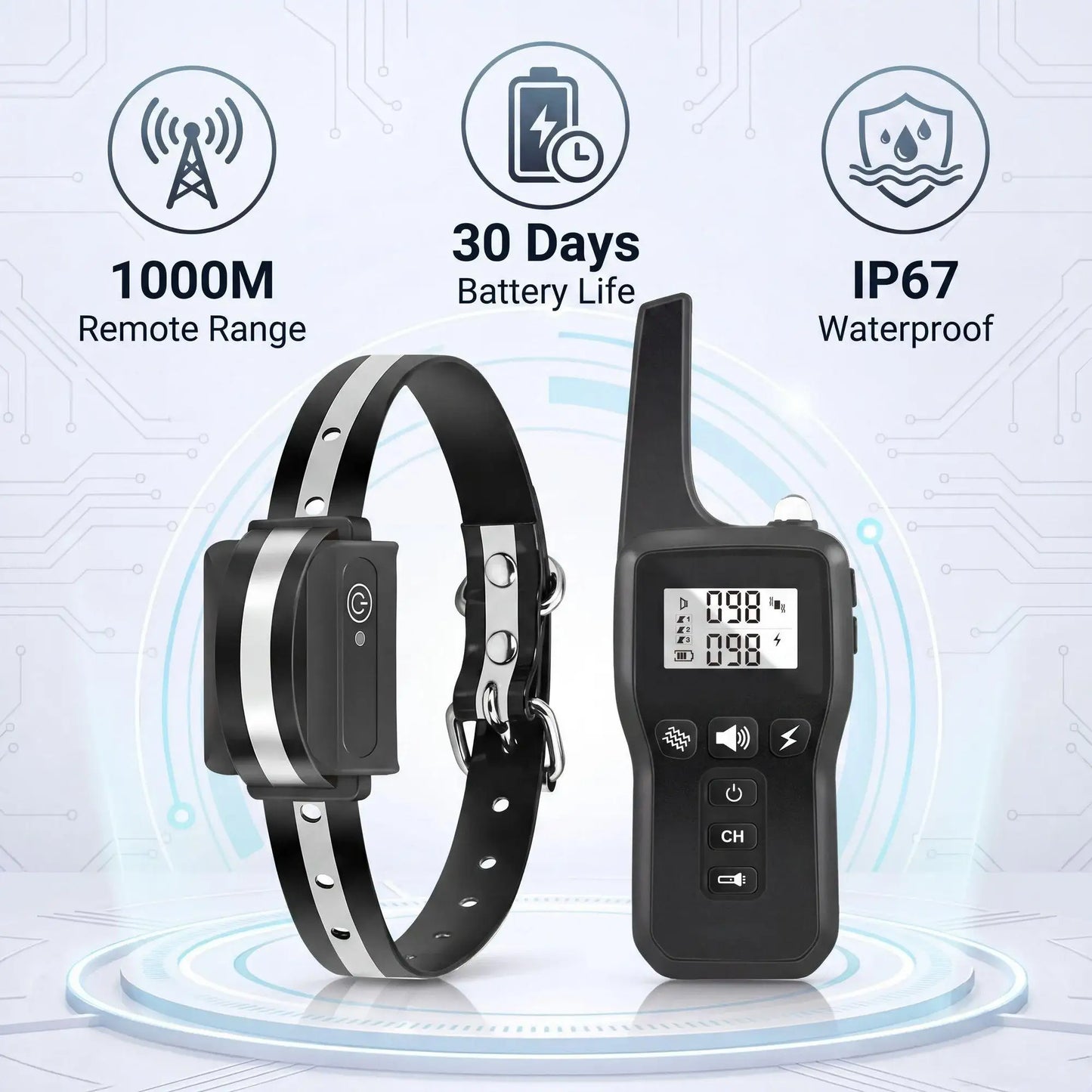 1000m Dog Training Collar IPX7 Waterproof Rechargeable Electric Shock