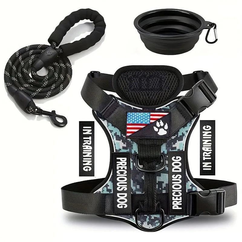 Service Dog Harness & Leash Set with 1pc Folding Bowl Reflective Adjustable Dog Vest Harness Soft Oxford Pet Harness For Small M - Majestic Pet Kingdom