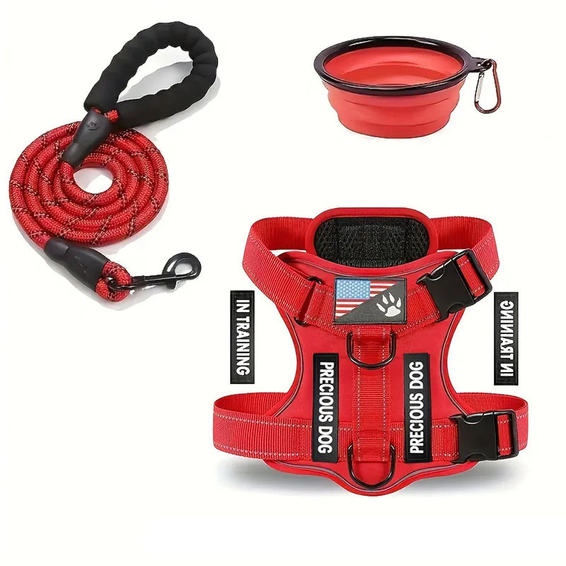 Service Dog Harness & Leash Set with 1pc Folding Bowl Reflective Adjustable Dog Vest Harness Soft Oxford Pet Harness For Small M - Majestic Pet Kingdom