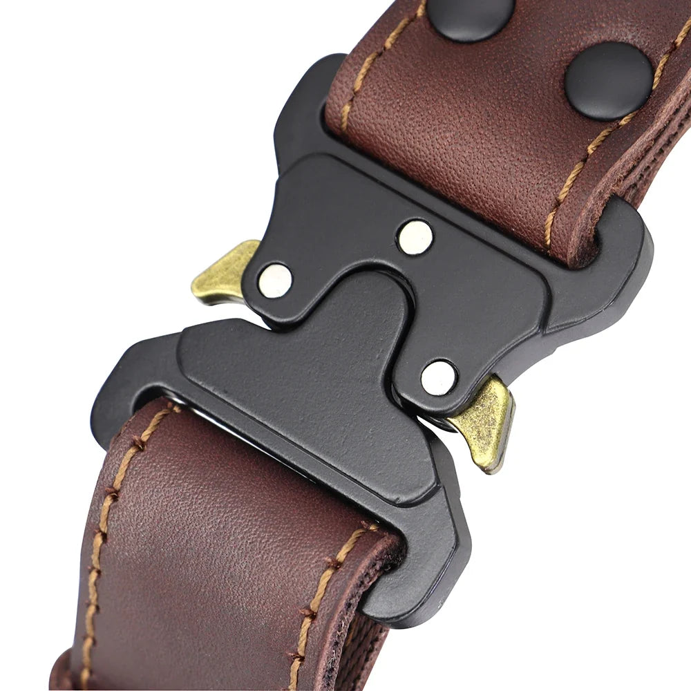 Real Leather Dog Collar With Handle Tactical Military Dog Leather Collar For Medium Large Dogs German Shepherd Training Hunting - Black | Purrfect Pet Kingdom
