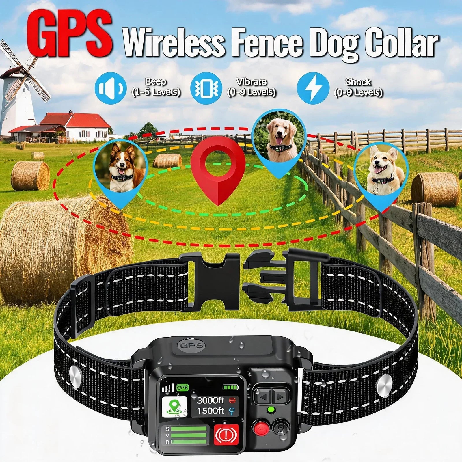 GPS Dog Fence Collar IP67 Waterproof Shock Containment System