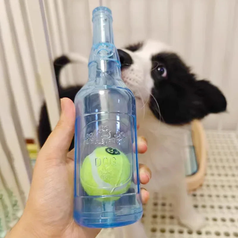 Dog Chew Toy Silicone Beer Bottle Shape Squeaker Tennis Ball Play - Detail Angle 3 | Majestic Pet Kingdom