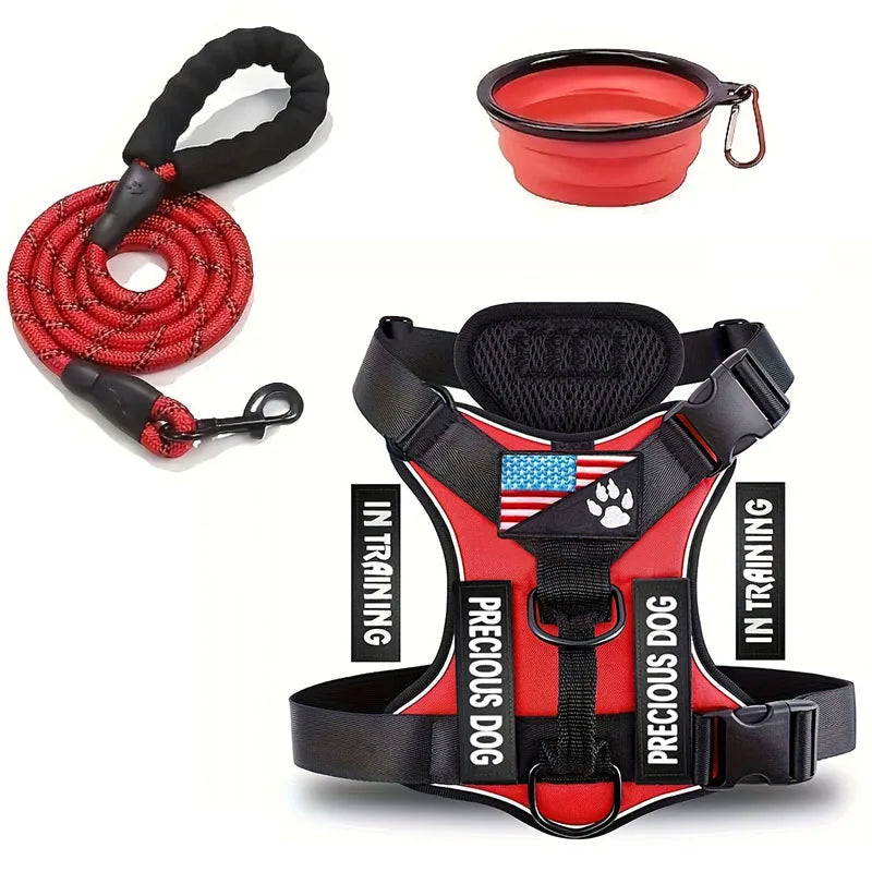 Service Dog Harness & Leash Set with 1pc Folding Bowl Reflective Adjustable Dog Vest Harness Soft Oxford Pet Harness For Small M - Majestic Pet Kingdom
