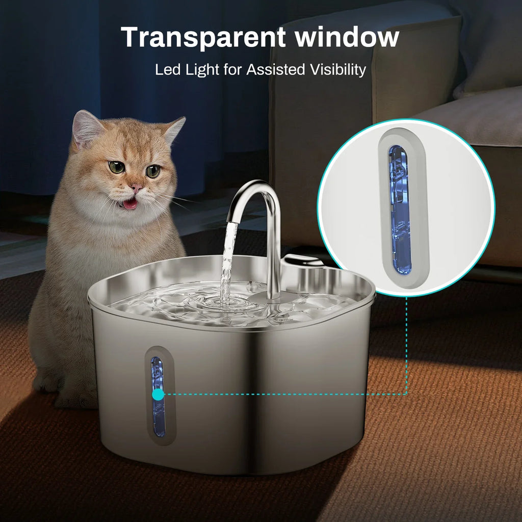 2.2L Automatic Cat Water Fountain Square Stainless Steel Pet Water Feeder Dog Water Fountain with Window（No 5V 1A Plug） - Majestic Pet Kingdom