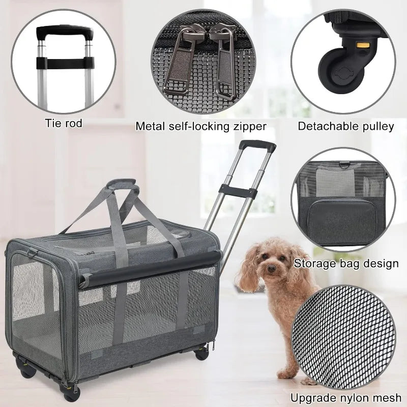 Large Pet Rolling Carrier with Wheels for Up To 30 LBS with Flexible Wheels Breathable and Collapsible Carrier for Medium Pets | Purrfect Pet Kingdom