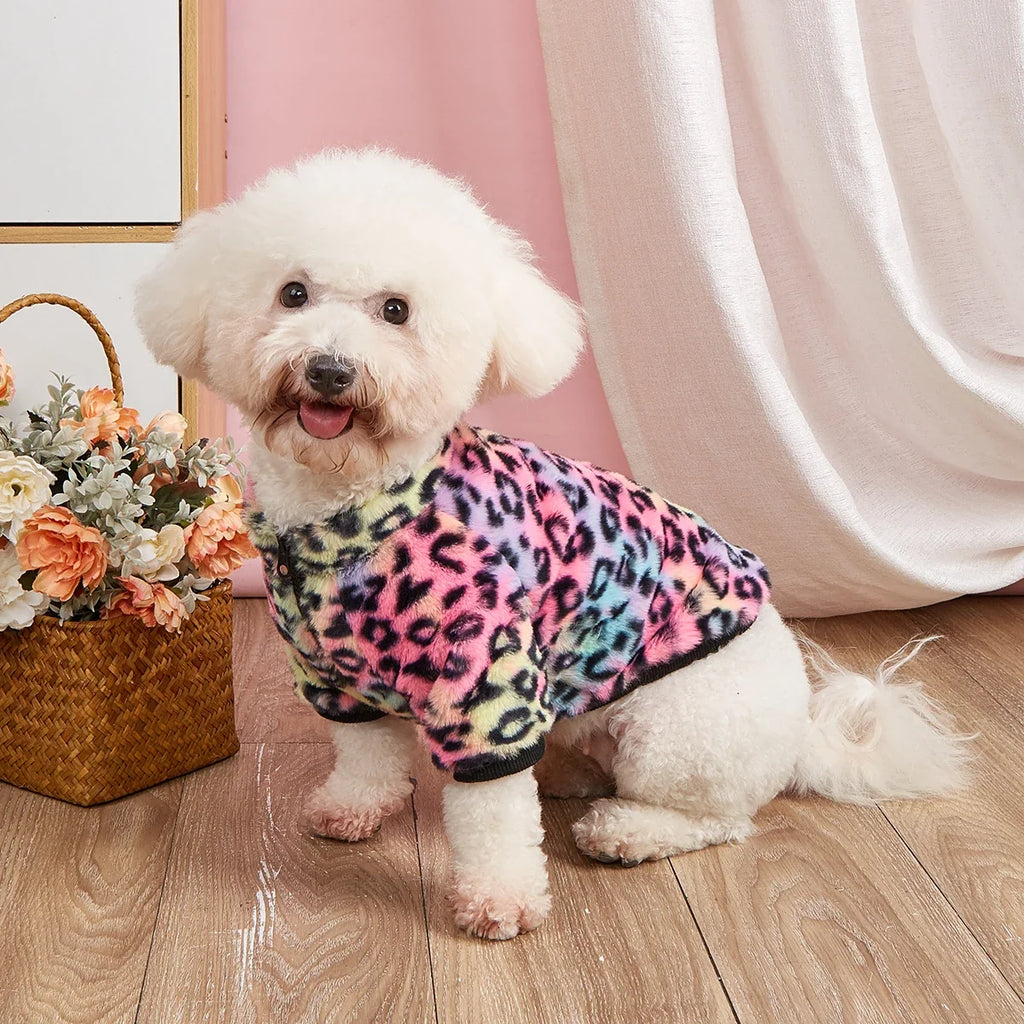 Pet Clothes for Dog Cat Puppy Tank Top Colorful Leopard Fuzzy Coat Sweatshirt Dog Outfits for Small Medium Dog for Autumn Winte - Majestic Pet Kingdom
