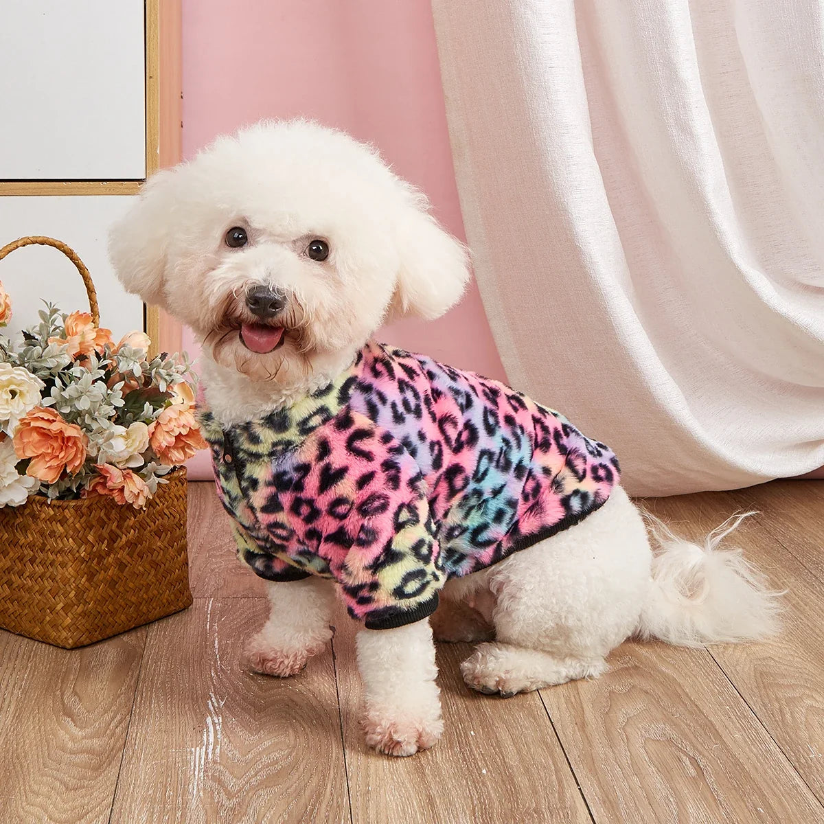 Pet Clothes for Dog Cat Puppy Tank Top Colorful Leopard Fuzzy Coat Sweatshirt Dog Outfits for Small Medium Dog for Autumn Winte - Majestic Pet Kingdom