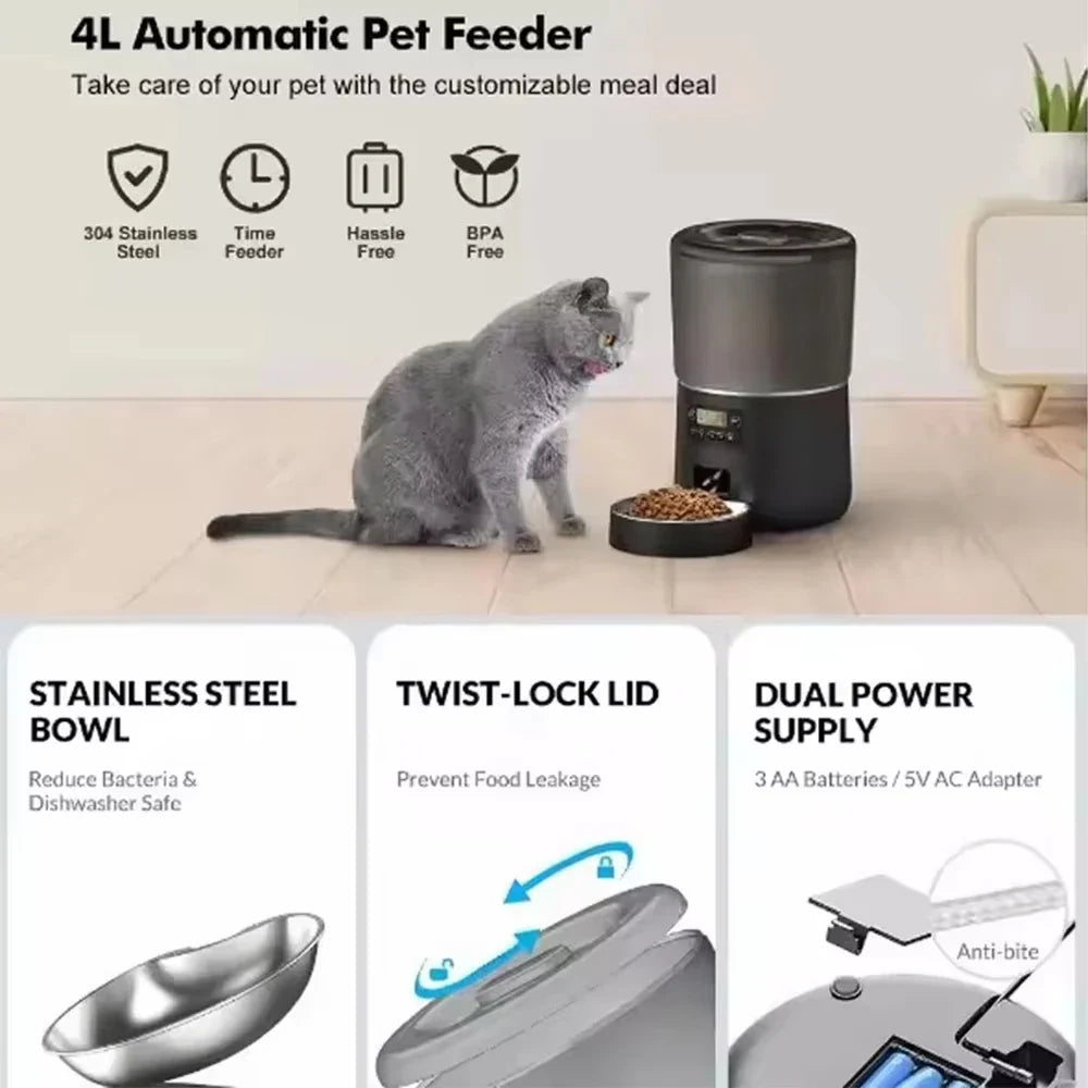 Automatic Pet Feeder 4L Capacity Smart Timer Tuya Control Food Dispenser with Stainless Steel Bowl Dogs Cats Feeding Supplies - Majestic Pet Kingdom