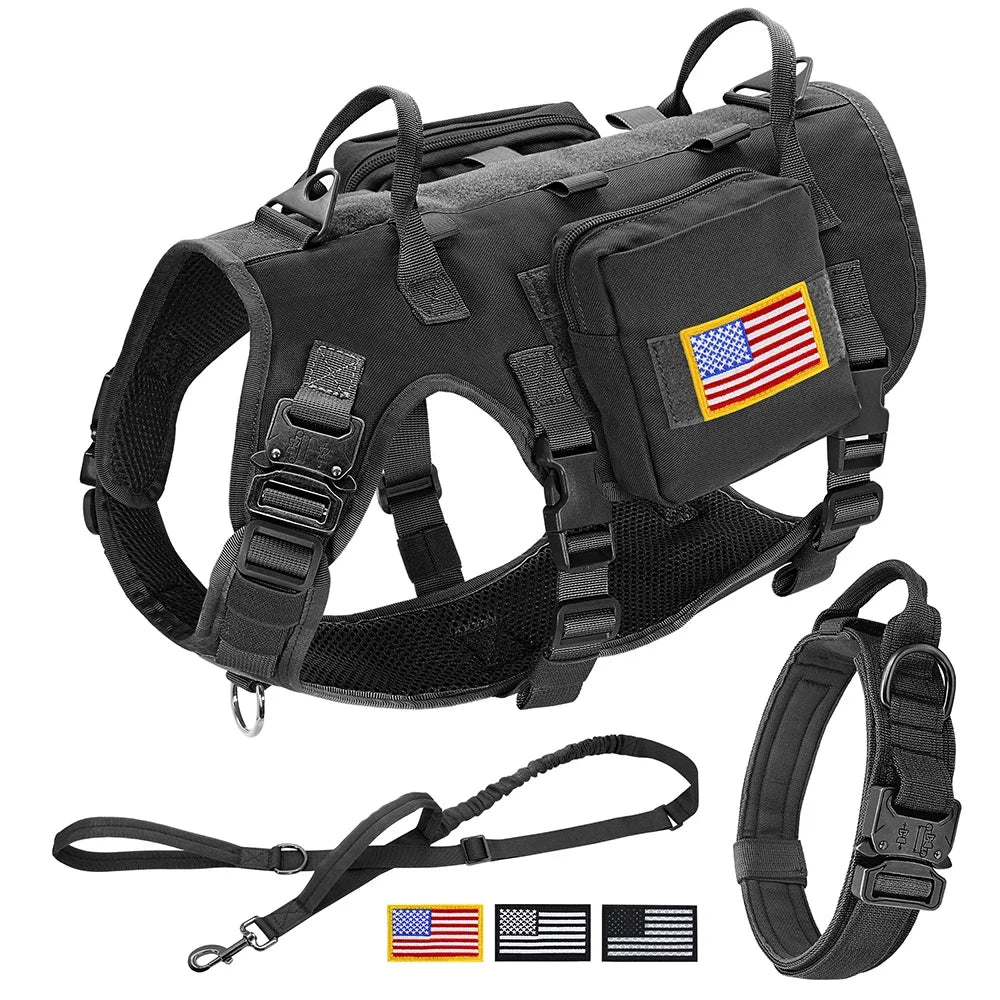 Tactical Dog Harness Collar Leash Set Military Training Pet Vest with Pouches Flags Durable Collars for Big Dogs German Shepherd - BRCA | Purrfect Pet Kingdom