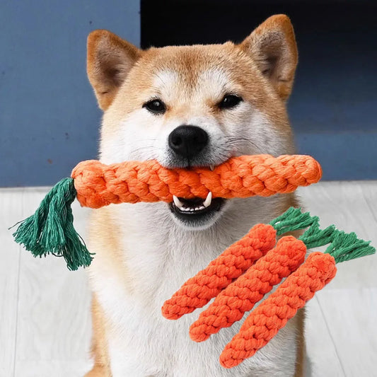 Dog Rope Toy Knotted Cotton Carrot Shape Dental Teething Chewer