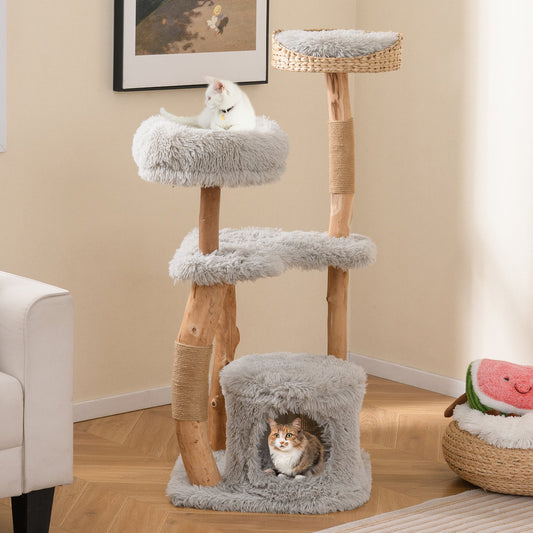 Solid Wood Cat Tower with Top Cattail Basket Cat Bed | Purrfect Pet Kingdom