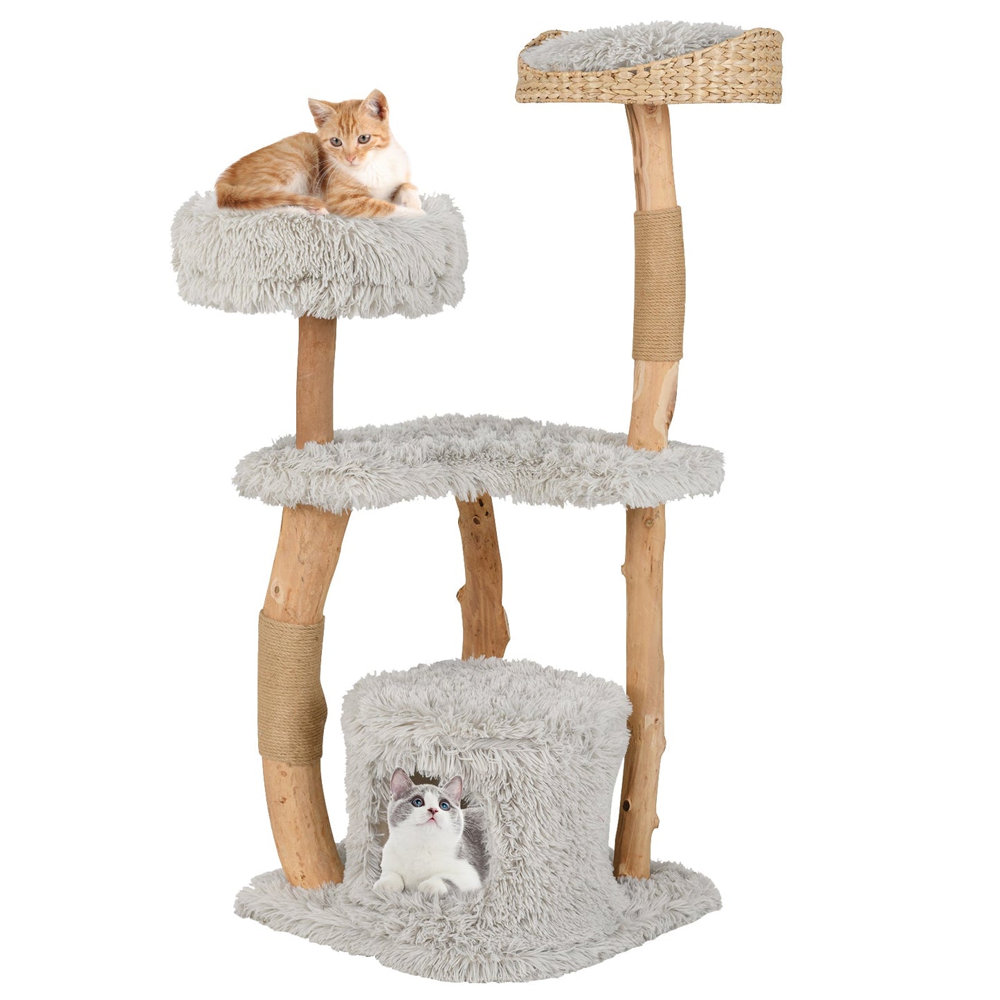 Cat Tree Solid Wood Tower Top Cattail Basket Woven Bed Lounge - Detail Angle 3 | Majestic Pet Kingdom
