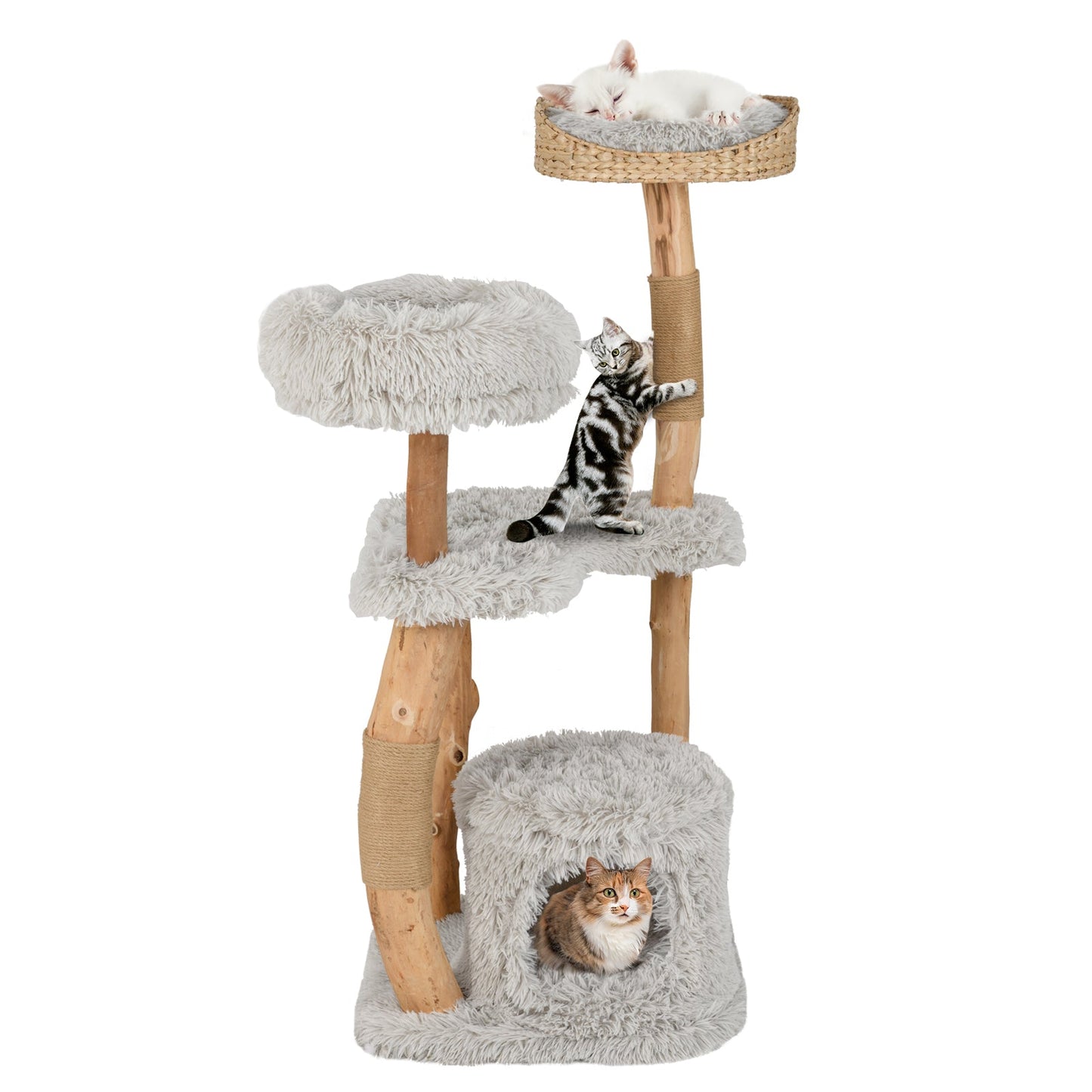 Cat Tree Solid Wood Tower Top Cattail Basket Woven Bed Lounge - Detail Angle 4 | Majestic Pet Kingdom