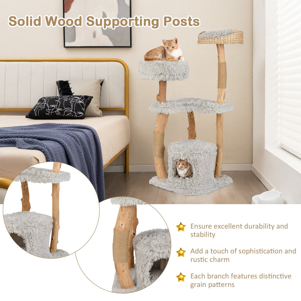 Solid Wood Cat Tower with Top Cattail Basket Cat Bed