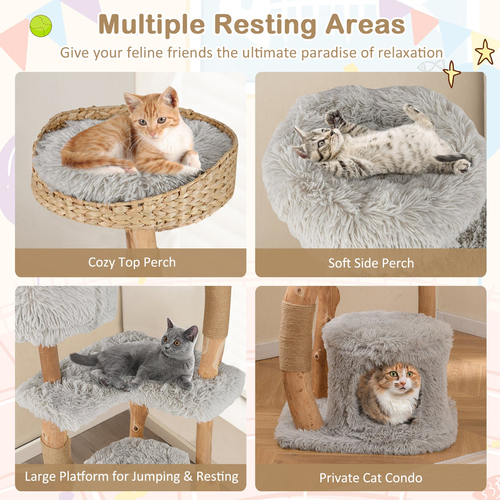 Solid Wood Cat Tower with Top Cattail Basket Cat Bed