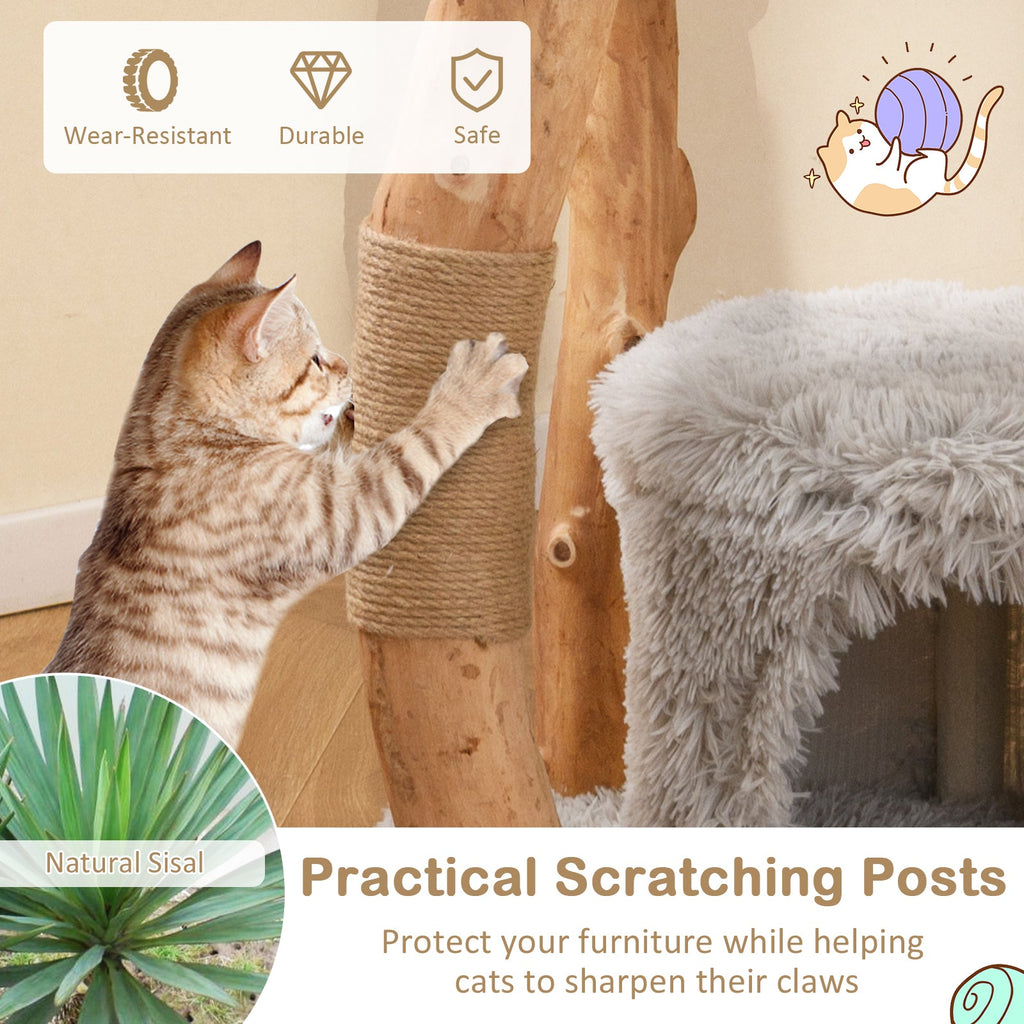 Solid Wood Cat Tower with Top Cattail Basket Cat Bed