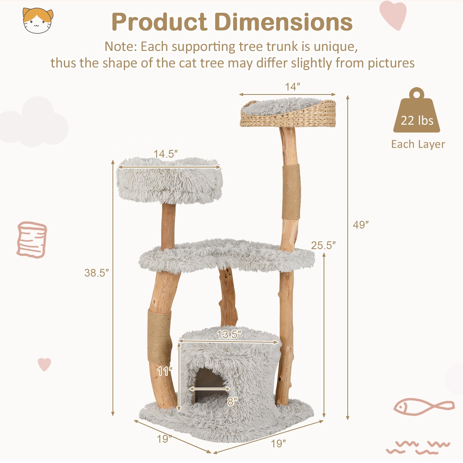 Solid Wood Cat Tower with Top Cattail Basket Cat Bed