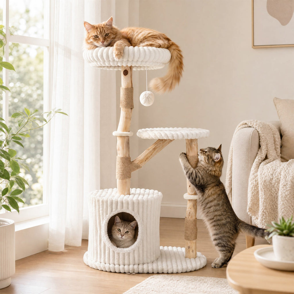 Solid Wood Cat Tree 41" with Real Branches & Cozy Bed - Majestic Pet Kingdom