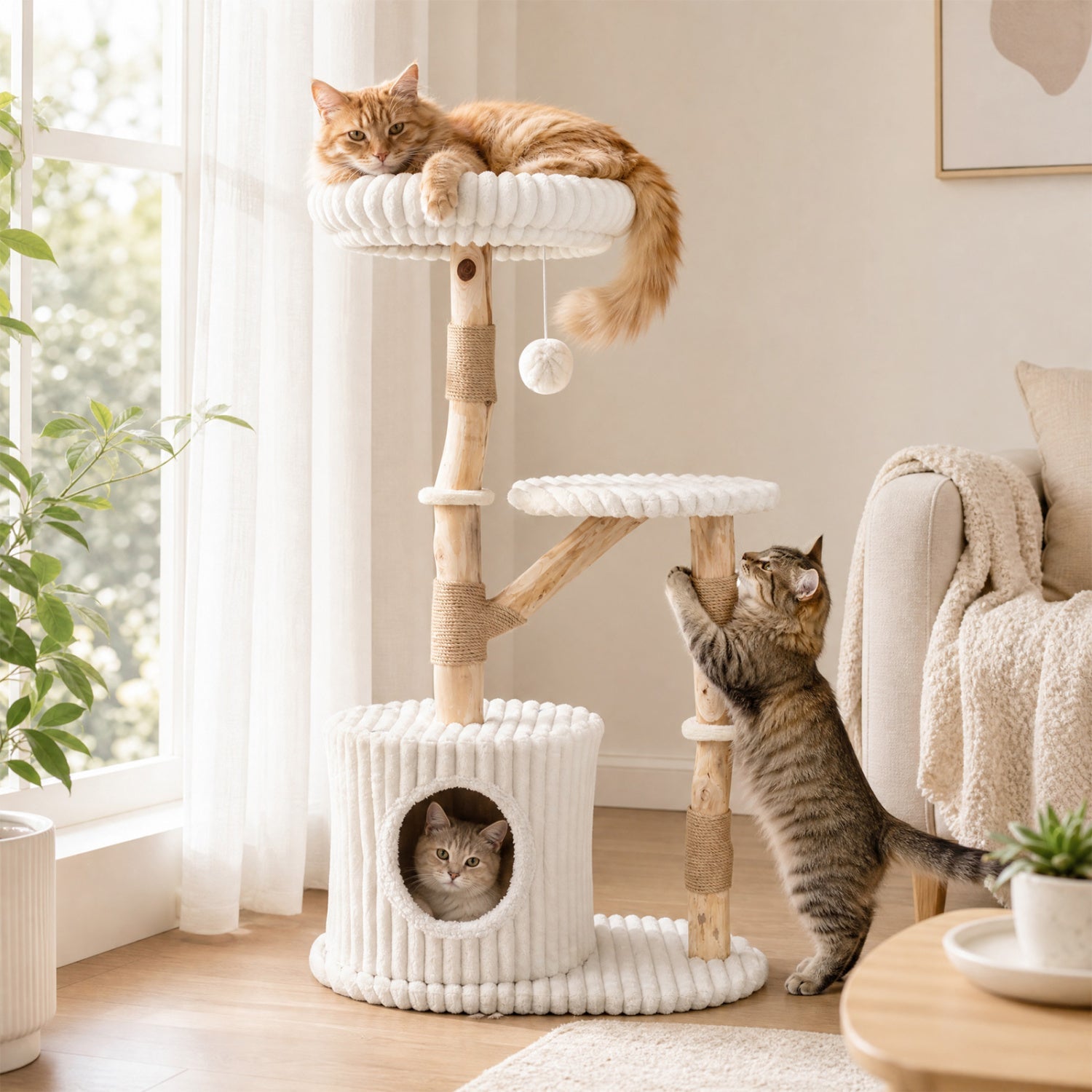Solid Wood Cat Tree 41" with Real Branches & Cozy Bed - Majestic Pet Kingdom