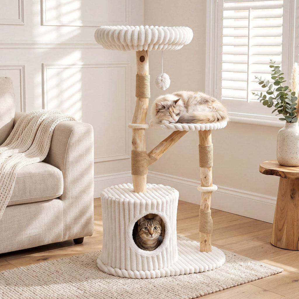 Solid Wood Cat Tree 41" with Real Branches & Cozy Bed - Majestic Pet Kingdom