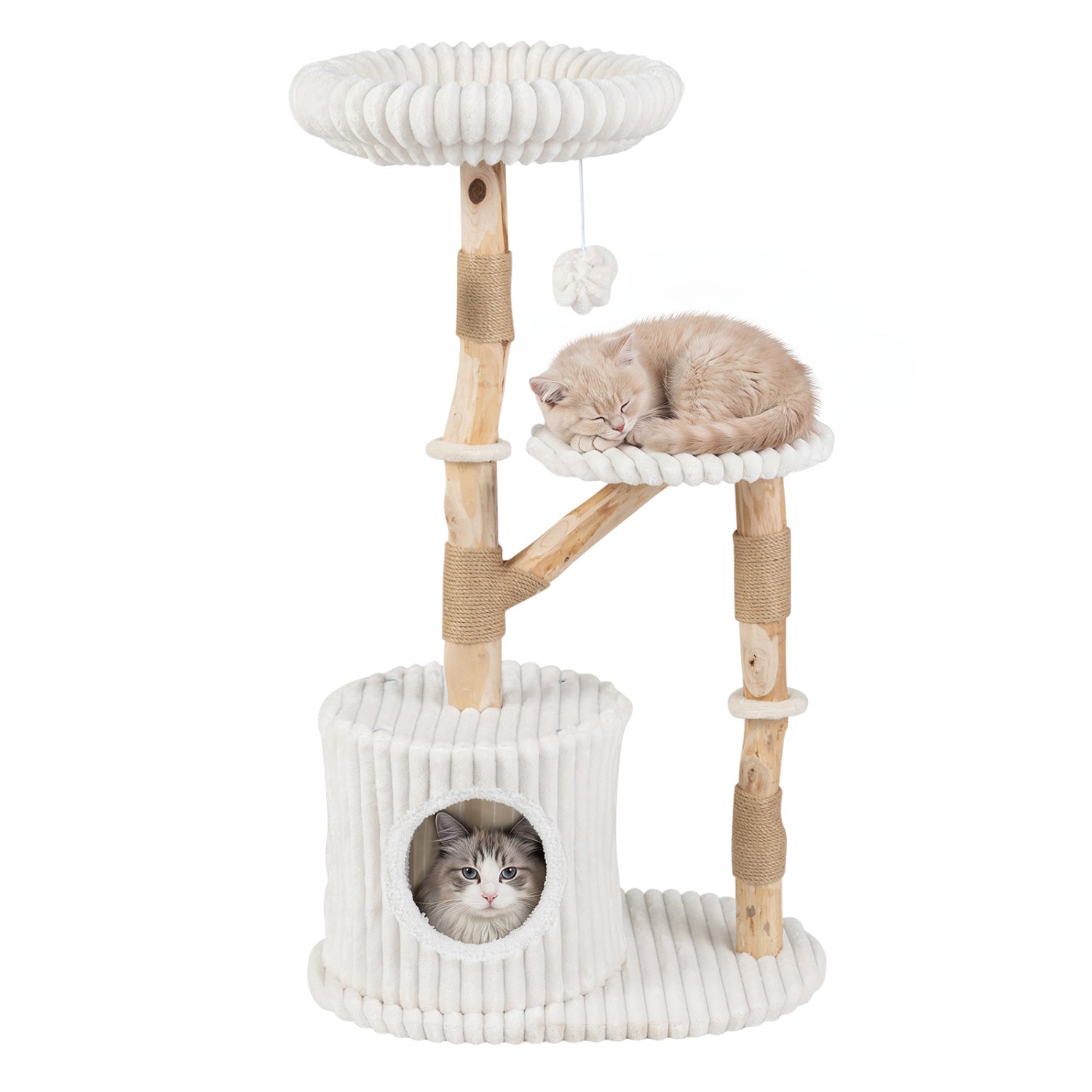 Solid Wood Cat Tree 41" with Real Branches & Cozy Bed - Majestic Pet Kingdom