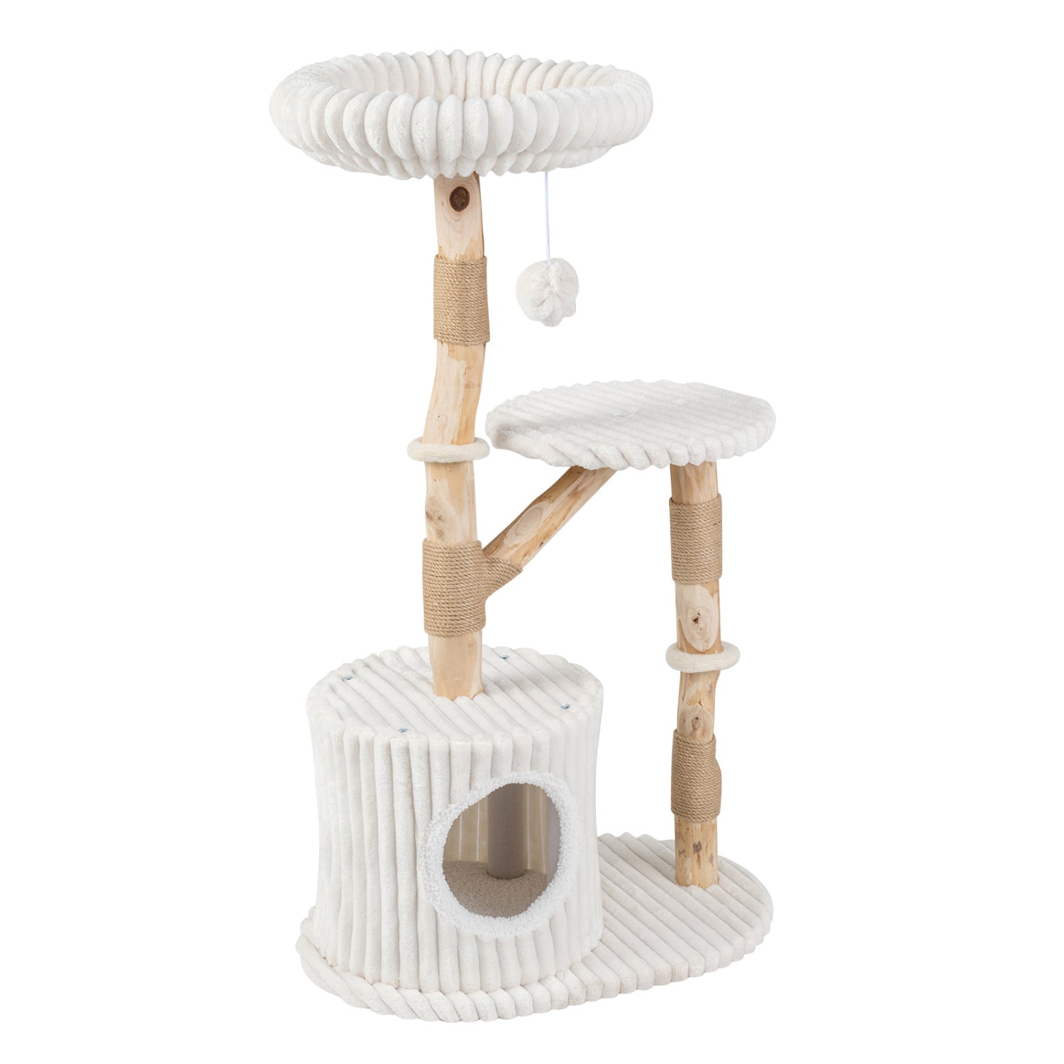 Solid Wood Cat Tree 41" with Real Branches & Cozy Bed - Majestic Pet Kingdom