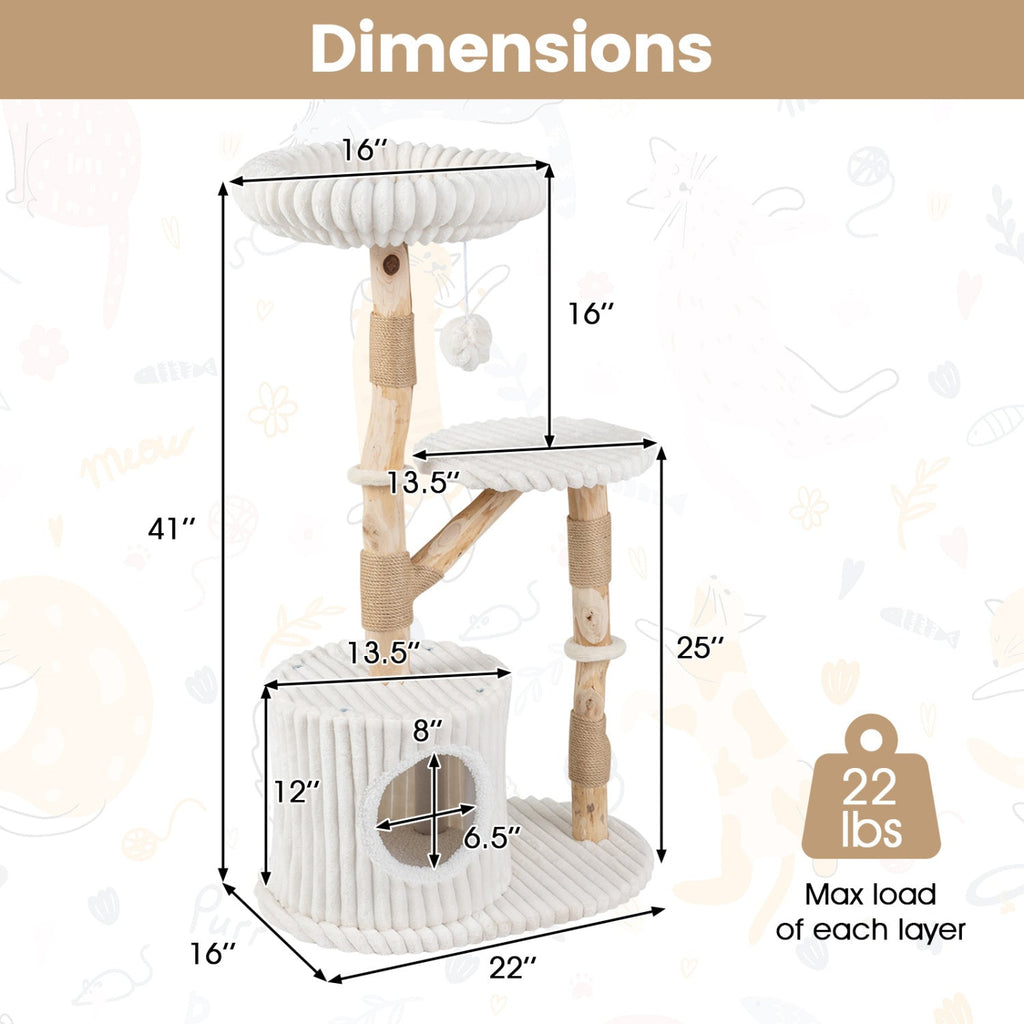 Solid Wood Cat Tree 41" with Real Branches & Cozy Bed - Majestic Pet Kingdom