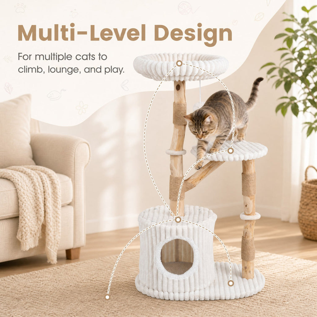 Solid Wood Cat Tree 41" with Real Branches & Cozy Bed - Majestic Pet Kingdom