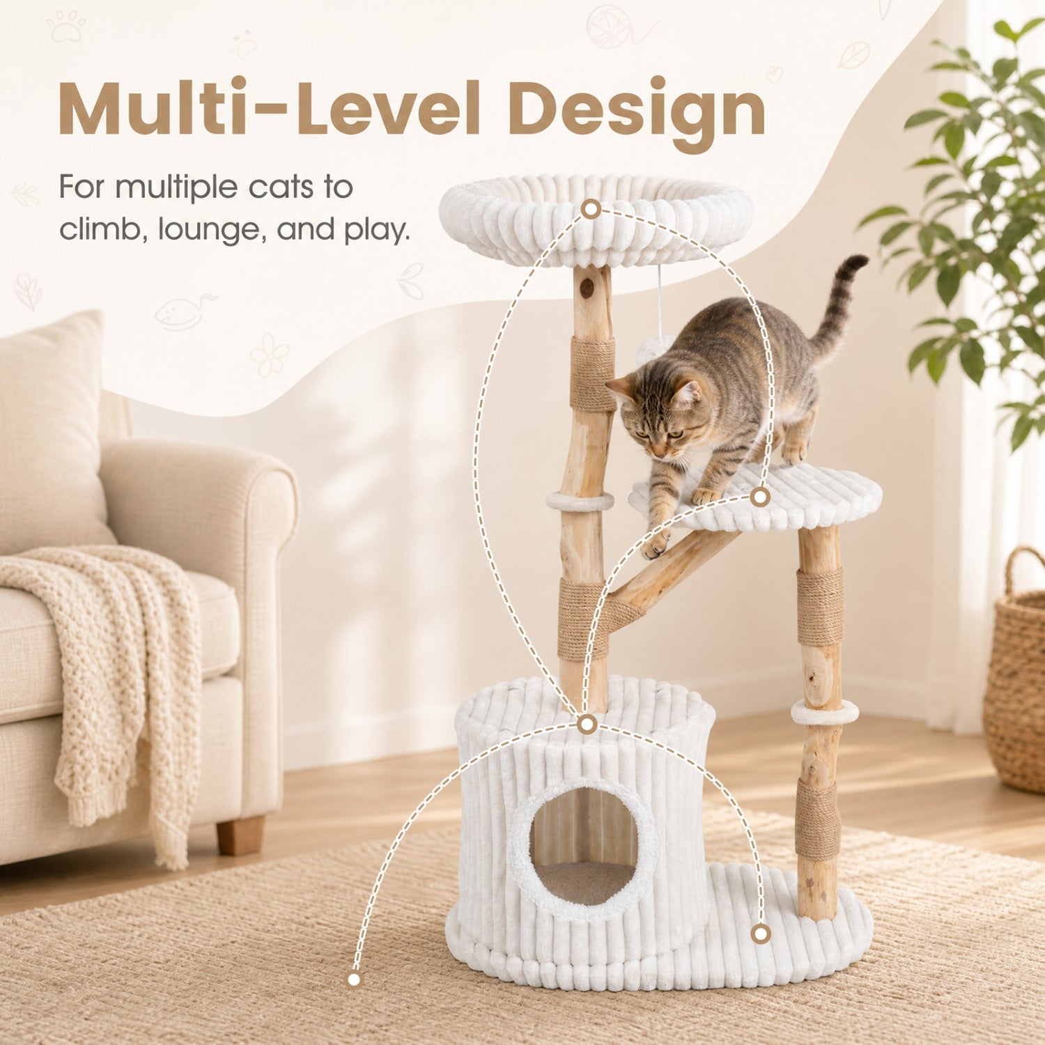 Solid Wood Cat Tree 41" with Real Branches & Cozy Bed - Majestic Pet Kingdom