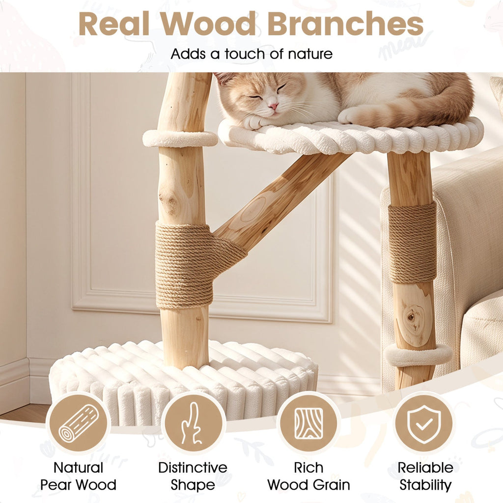 Solid Wood Cat Tree 41" with Real Branches & Cozy Bed - Majestic Pet Kingdom