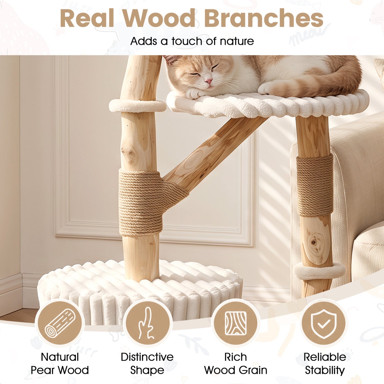 Solid Wood Cat Tree 41" with Real Branches & Cozy Bed - Majestic Pet Kingdom