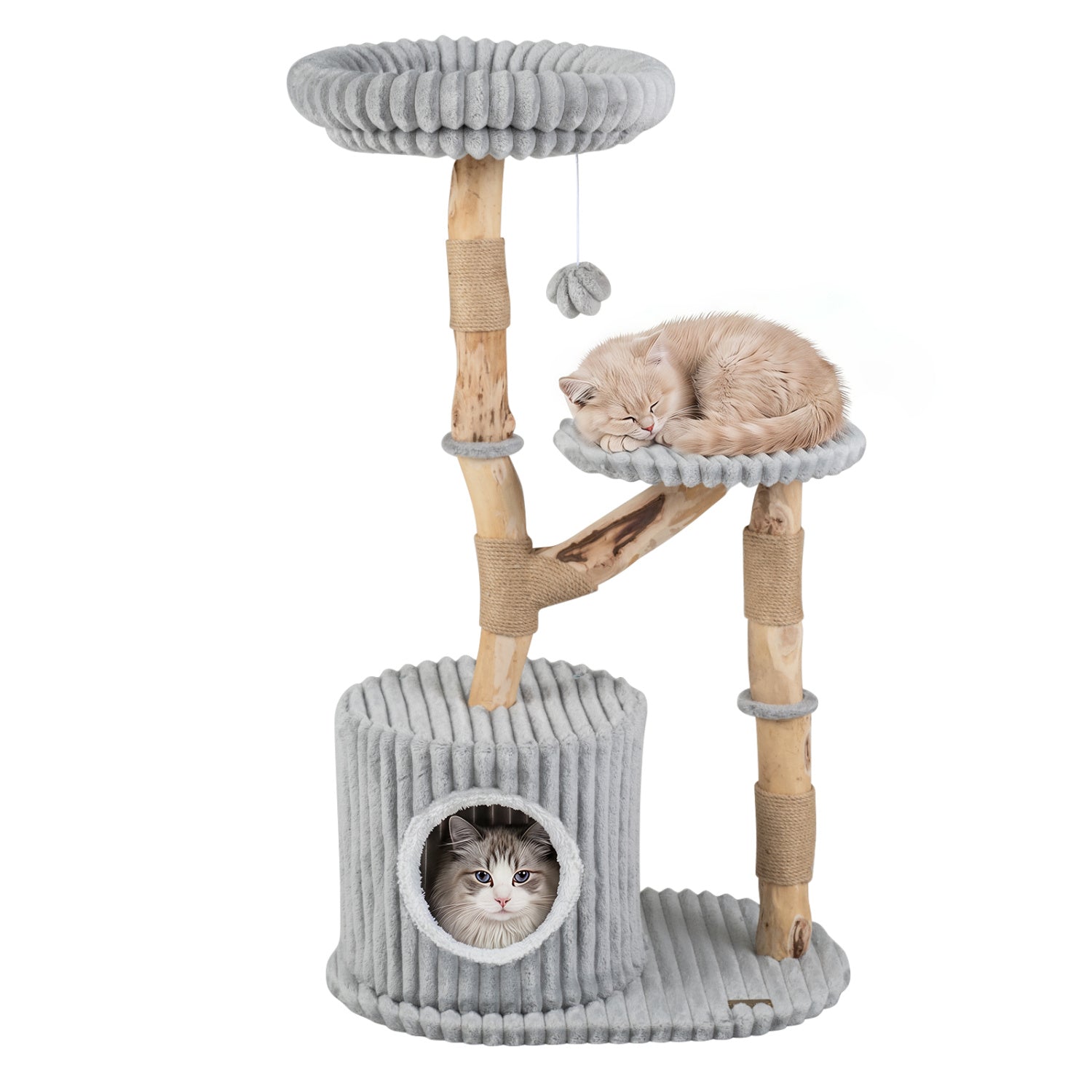 Solid Wood Cat Tree 41" with Real Branches & Cozy Bed - Majestic Pet Kingdom