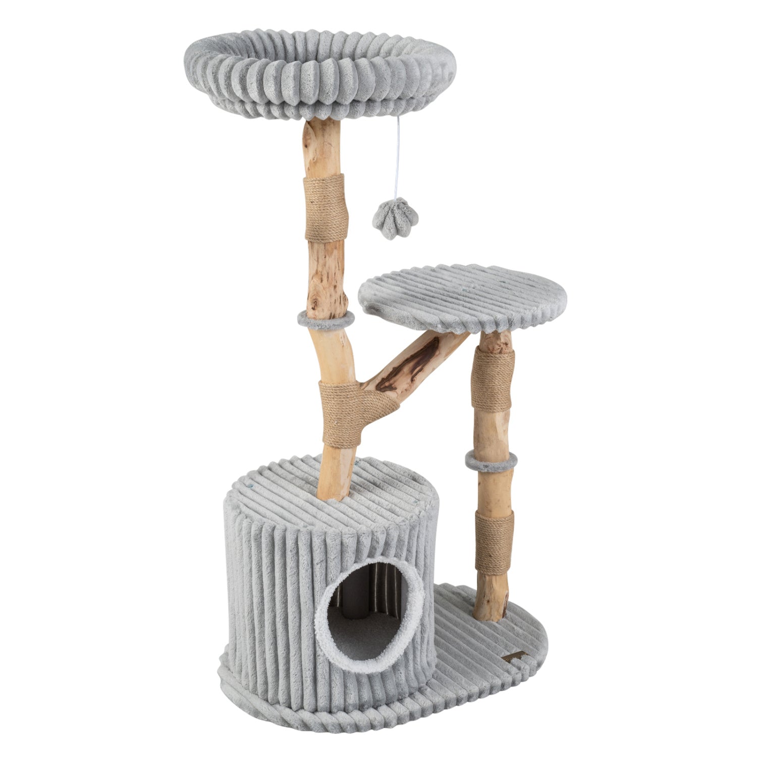 Solid Wood Cat Tree 41" with Real Branches & Cozy Bed - Majestic Pet Kingdom