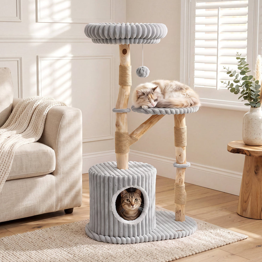 Solid Wood Cat Tree 41" with Real Branches & Cozy Bed - Majestic Pet Kingdom
