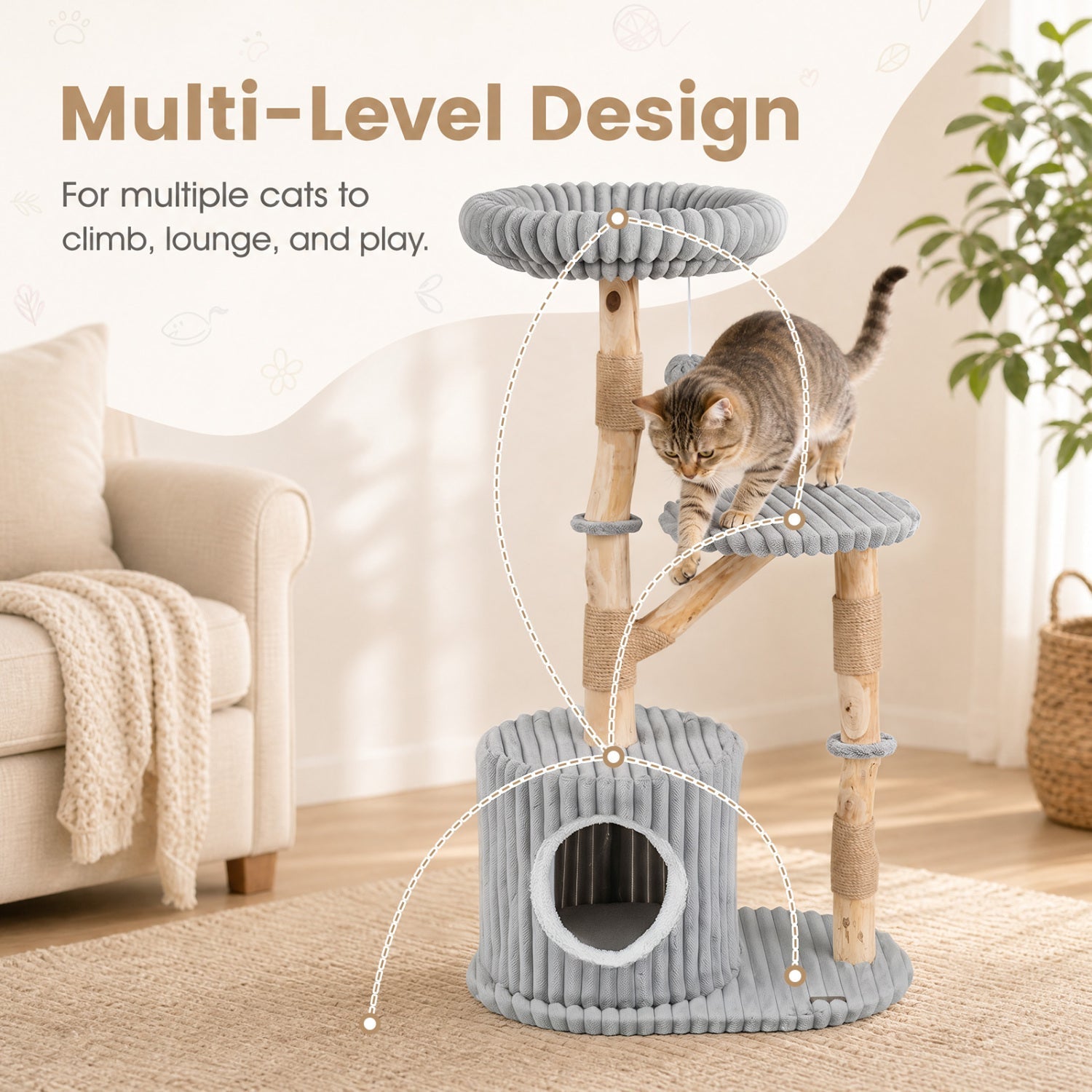 Solid Wood Cat Tree 41" with Real Branches & Cozy Bed - Majestic Pet Kingdom