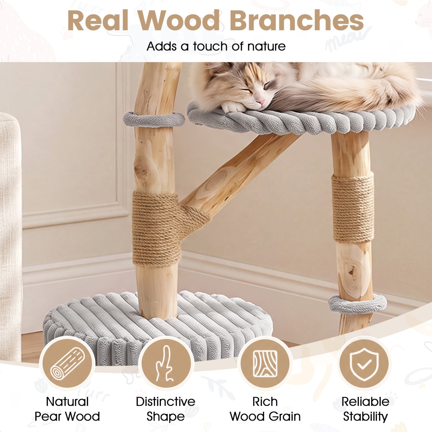 Solid Wood Cat Tree 41" with Real Branches & Cozy Bed - Majestic Pet Kingdom