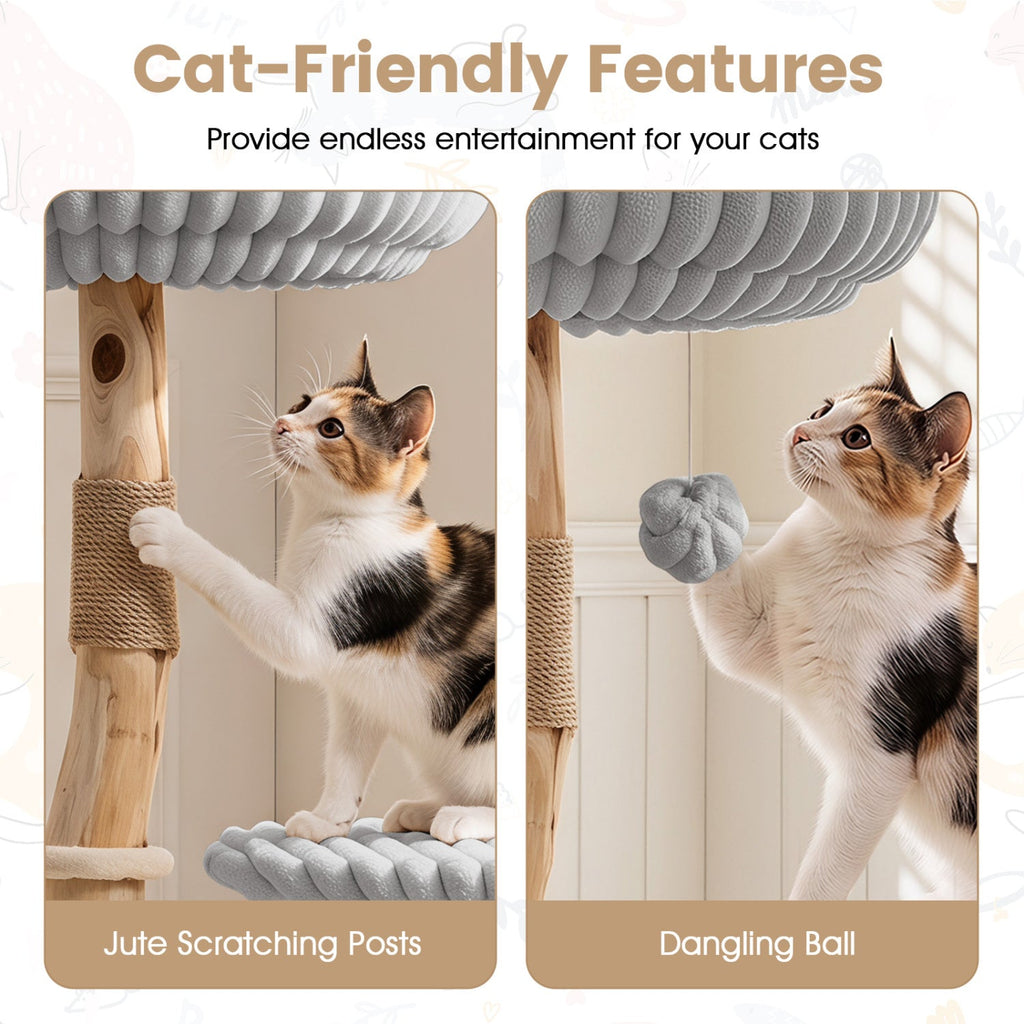 Solid Wood Cat Tree 41" with Real Branches & Cozy Bed - Majestic Pet Kingdom