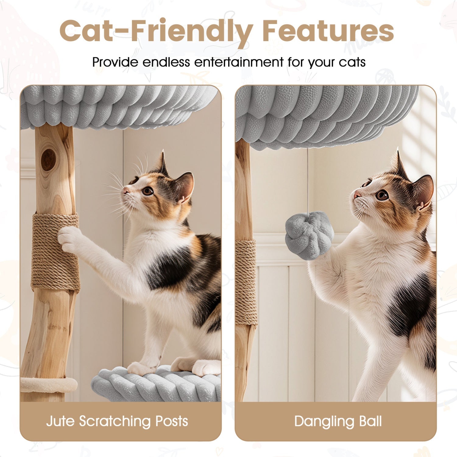 Solid Wood Cat Tree 41" with Real Branches & Cozy Bed - Majestic Pet Kingdom