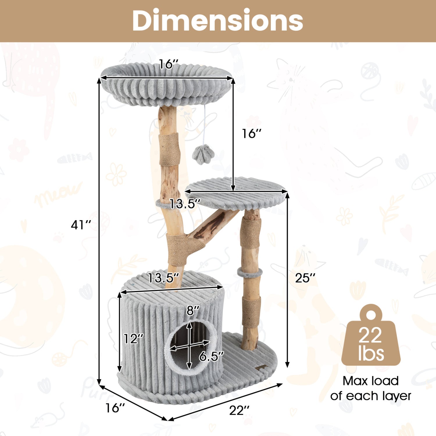 Solid Wood Cat Tree 41" with Real Branches & Cozy Bed - Majestic Pet Kingdom