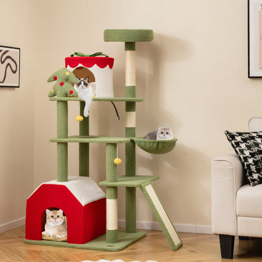 61 Inches Cute Christmas Cat Tree with Sisal Scratching Posts and 2 Condos-Green | Purrfect Pet Kingdom