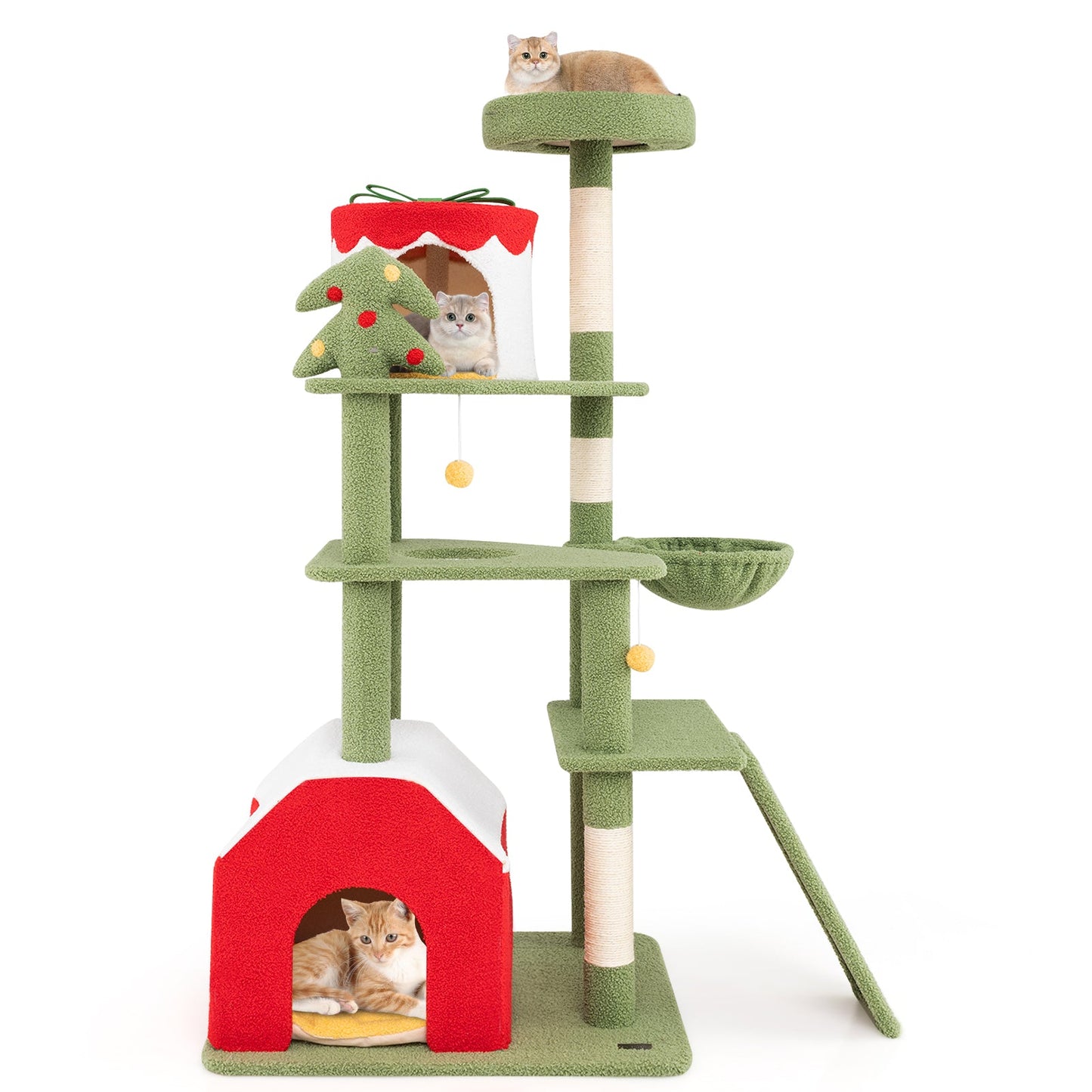 61 Inches Cute Christmas Cat Tree with Sisal Scratching Posts and 2 Condos-Green | Purrfect Pet Kingdom