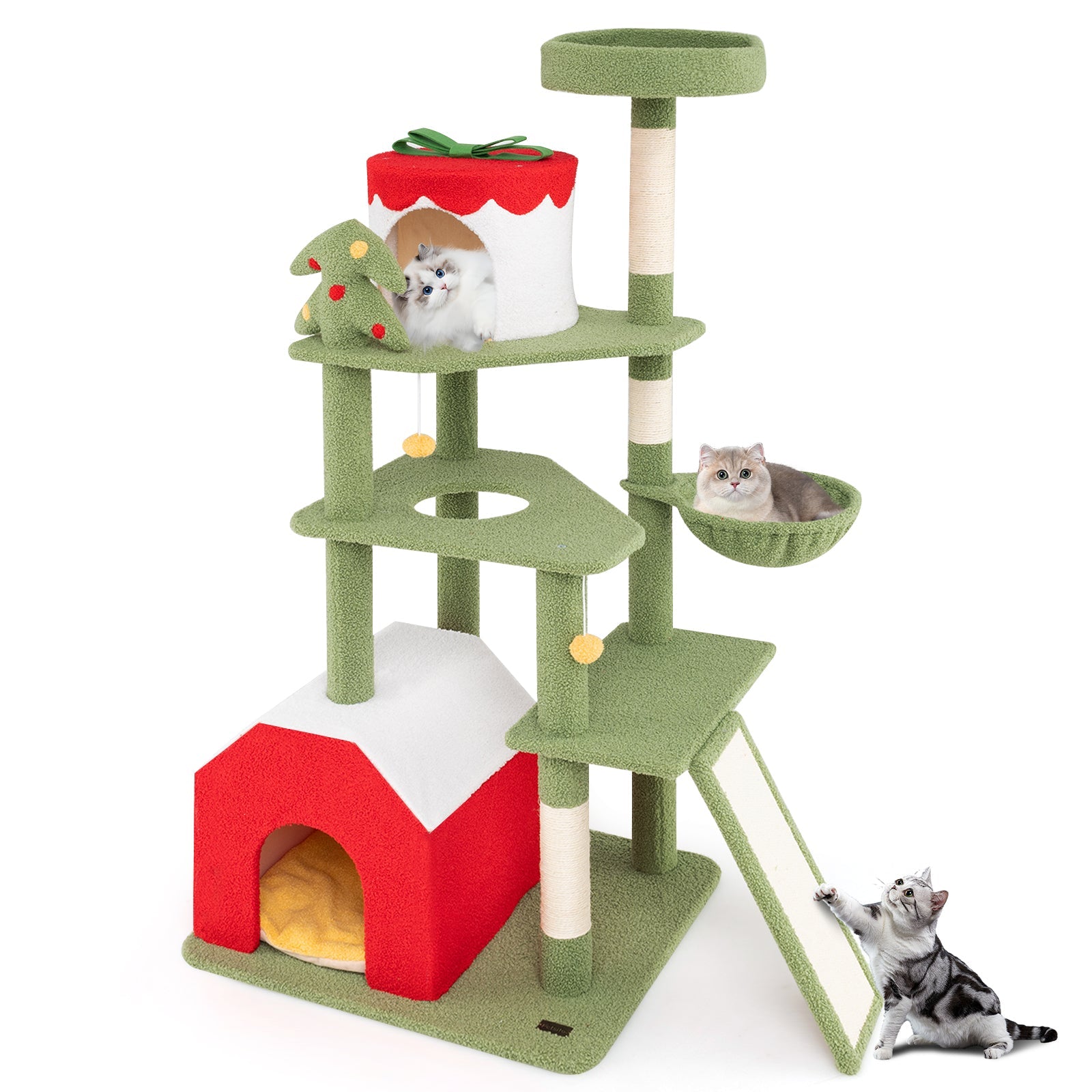 61 Inches Cute Christmas Cat Tree with Sisal Scratching Posts and 2 Condos-Green | Purrfect Pet Kingdom