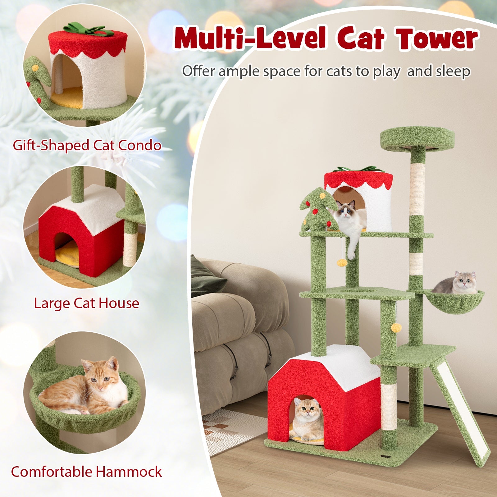 61 Inches Cute Christmas Cat Tree with Sisal Scratching Posts and 2 Condos-Green | Purrfect Pet Kingdom