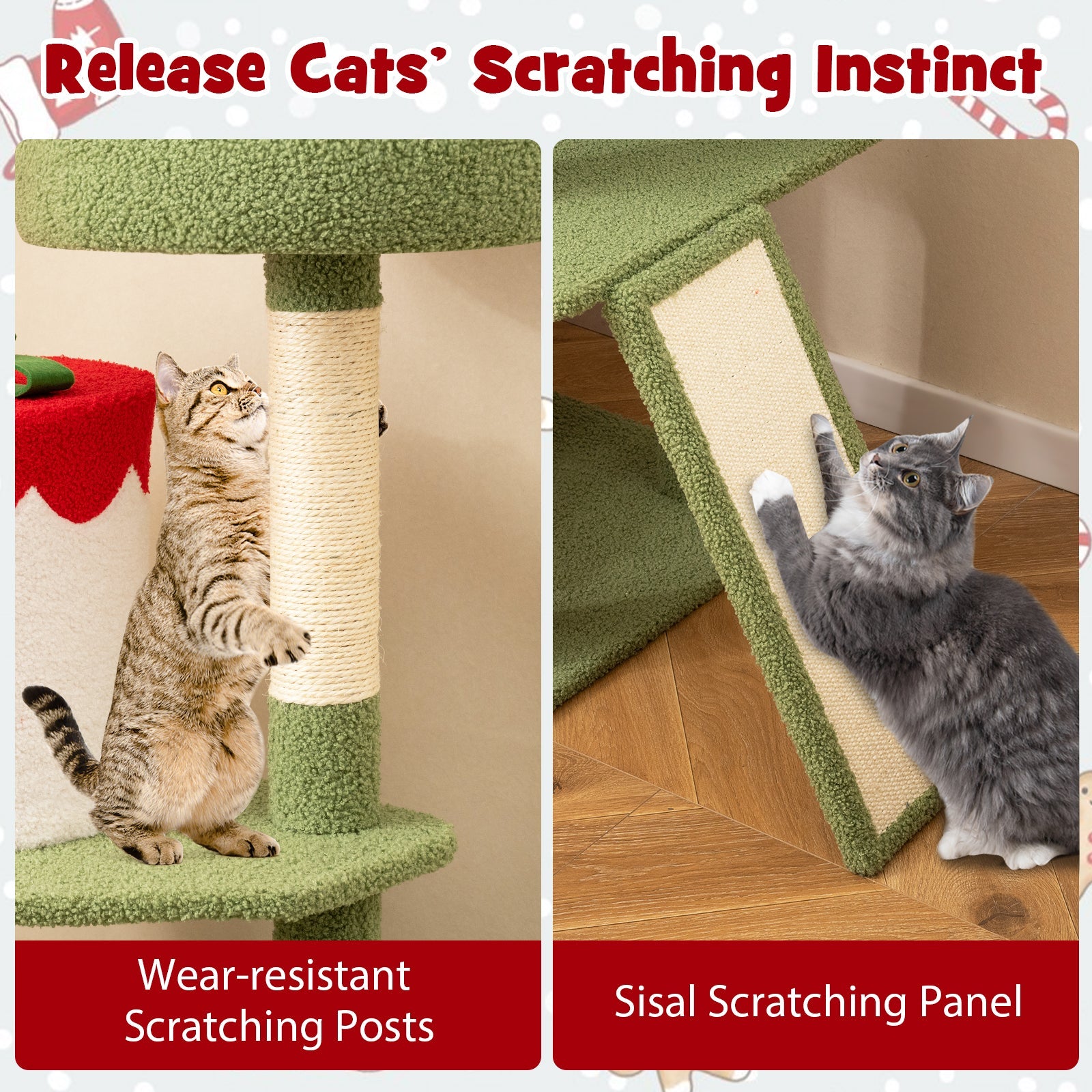 61 Inches Cute Christmas Cat Tree with Sisal Scratching Posts and 2 Condos-Green | Purrfect Pet Kingdom