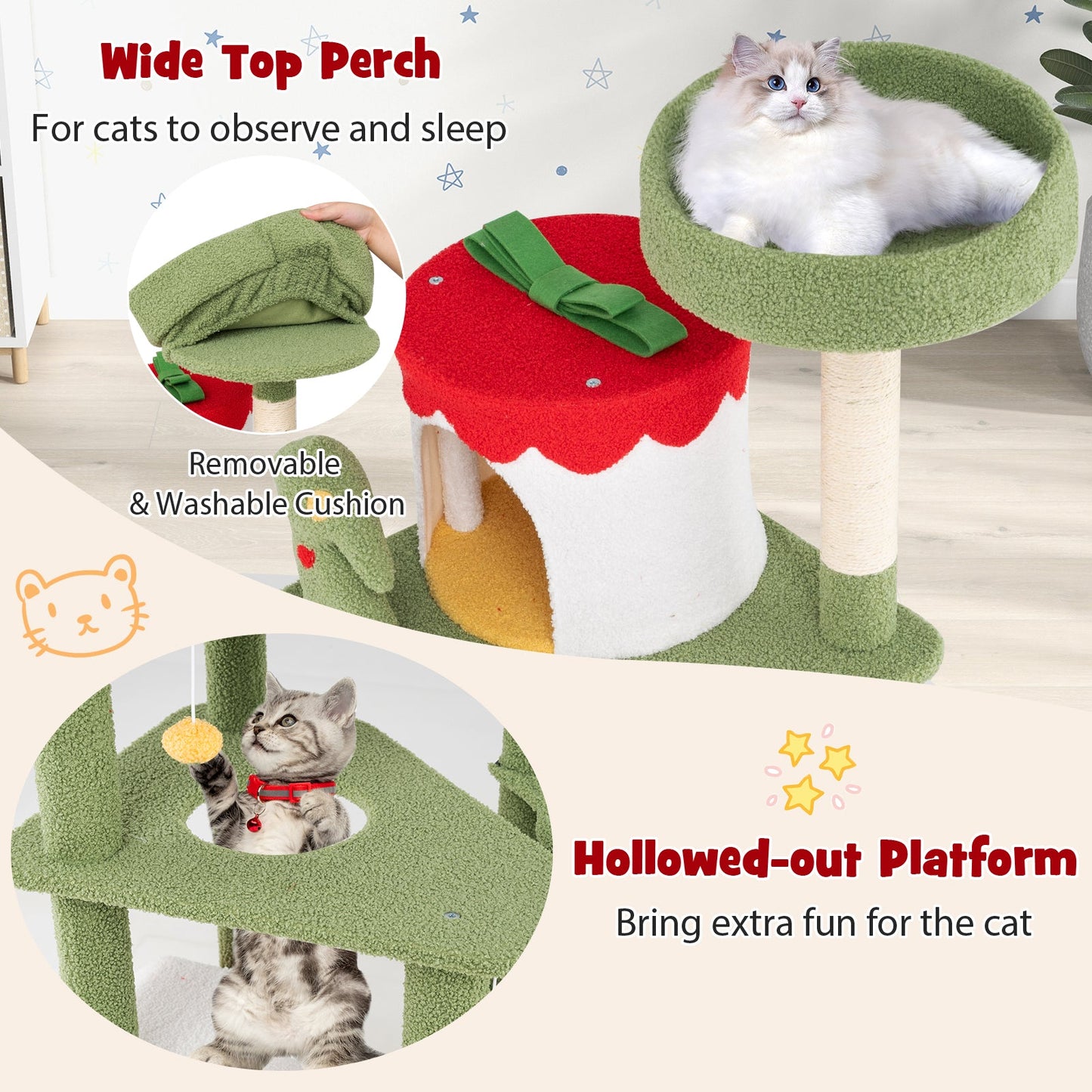 61 Inches Cute Christmas Cat Tree with Sisal Scratching Posts and 2 Condos-Green | Purrfect Pet Kingdom