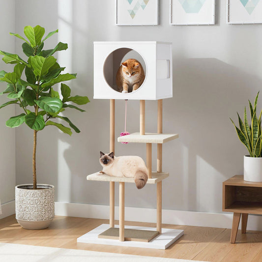 Tall Wood Cat Tower with 2 Corrugated Cardboard-White - Majestic Pet Kingdom