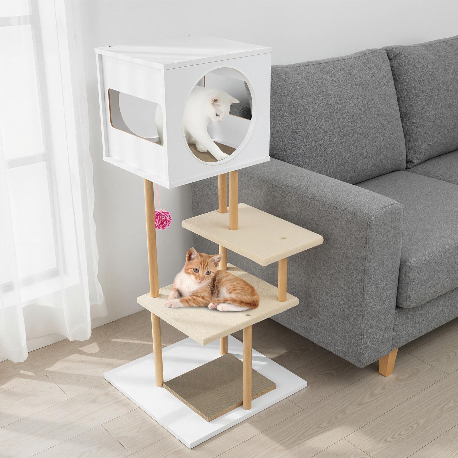 Tall Wood Cat Tower with 2 Corrugated Cardboard-White - Majestic Pet Kingdom