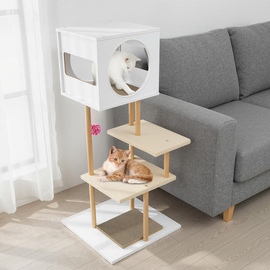 Tall Wood Cat Tower with 2 Corrugated Cardboard-White - Majestic Pet Kingdom