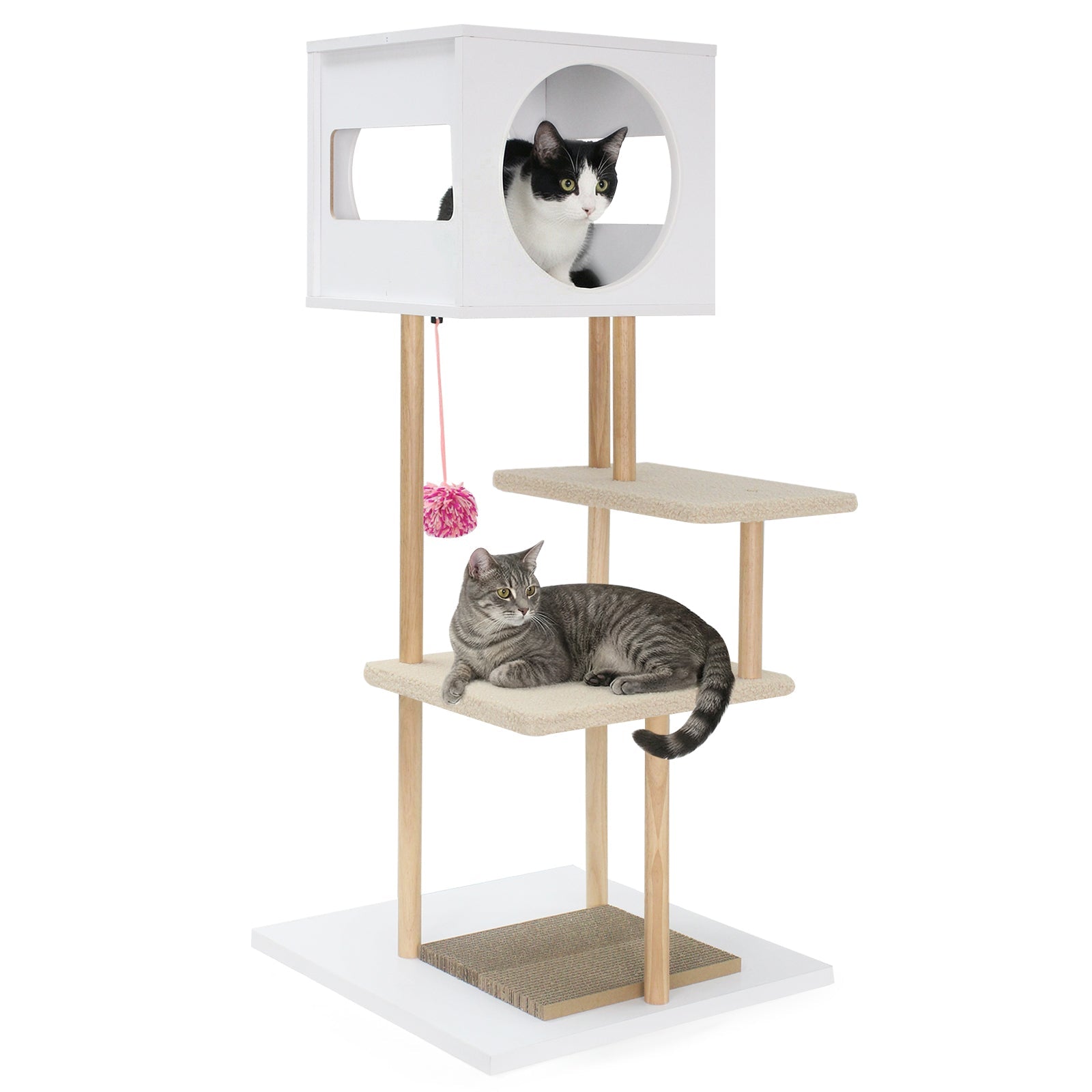 Tall Wood Cat Tower with 2 Corrugated Cardboard-White - Majestic Pet Kingdom
